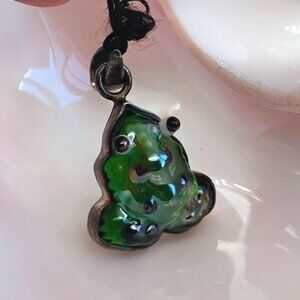 Charles Albert Green Dichroic Art Glass Frog Pendant in Sterling Silver 1 3/4"